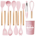 12Pcs/5pcs Silicone Kitchenware Non-Stick Cookware Kitchen Utensils Set Spatula Shovel Egg Beater Wooden Handle Cooking Tool Set Zpaxo Pink 12PCS