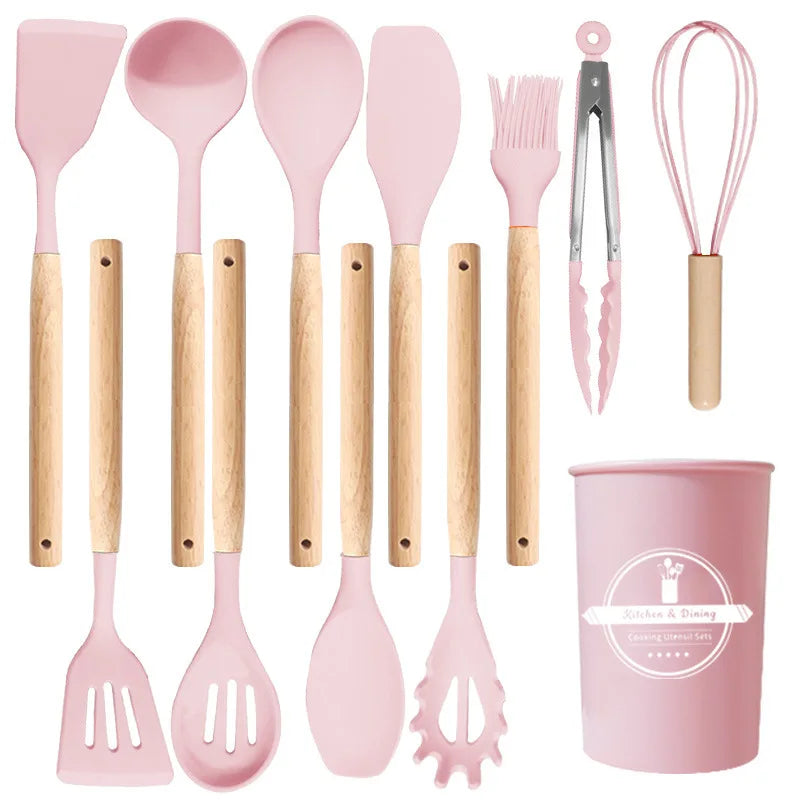 12Pcs/5pcs Silicone Kitchenware Non-Stick Cookware Kitchen Utensils Set Spatula Shovel Egg Beater Wooden Handle Cooking Tool Set Zpaxo Pink 12PCS
