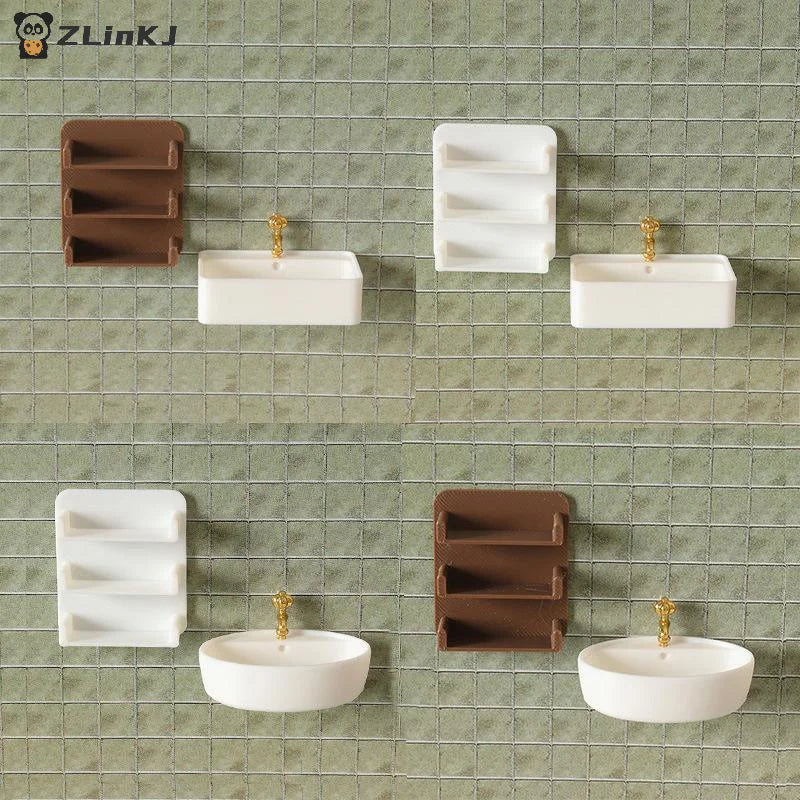 ▶Micro Scene Decor Bathroom Wash Basins Wall Shelf Model 1/12 Scale Dollhouse Furniture Decoration Pretend Play Toys Zpaxo