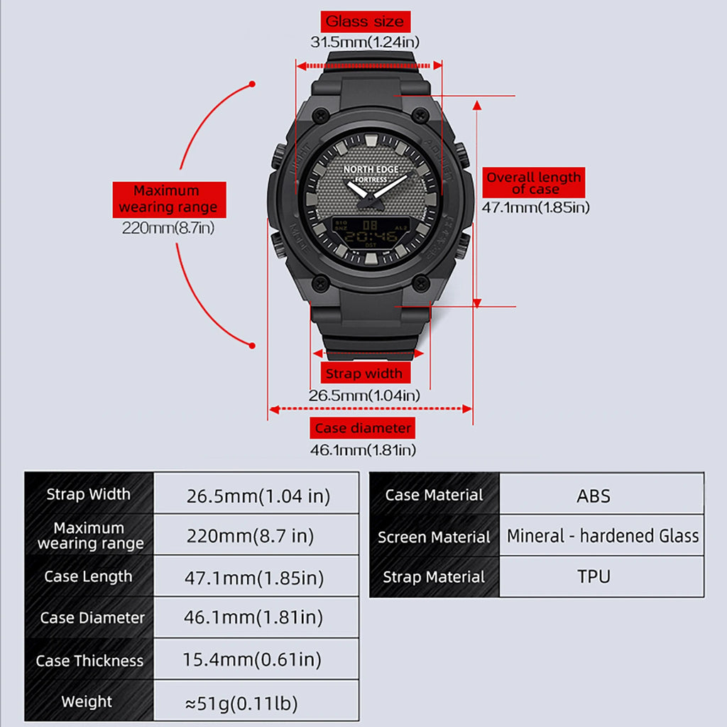 NORTH EDGE FORTRESS 2026 Men's Military Digital Watch Outdoor Sports Waterproof 50M Watches World Time Countdown LED Wristwatch Zpaxo