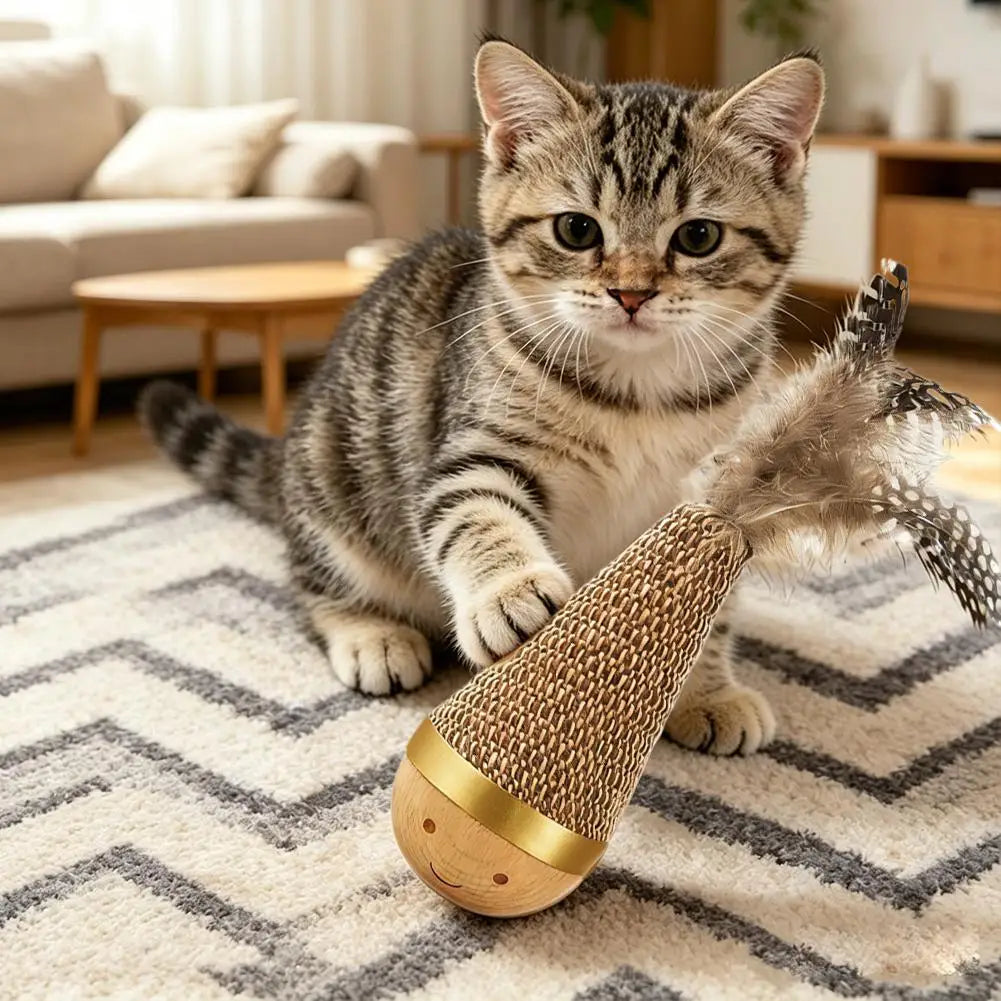 Funny Feather Kitten Teaser Feather Kitten Teaser Cartoon Pattern Cat Tumbler Wobbler Toys Wobble Ball Indoor Play Gift Cat Zpaxo