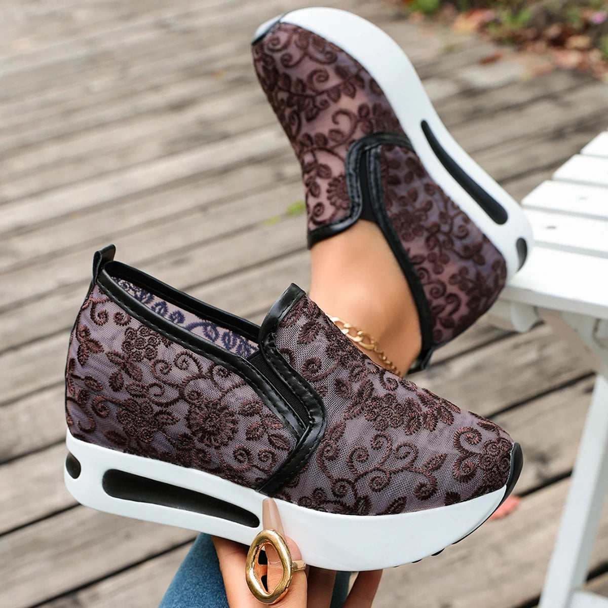 Women Sneakers Embroidery Platform Loafers Comfortable Trend Plus Size Women Shoes Mesh Lace Flats Slip on Wedge Female Shoes Zpaxo Brown 39