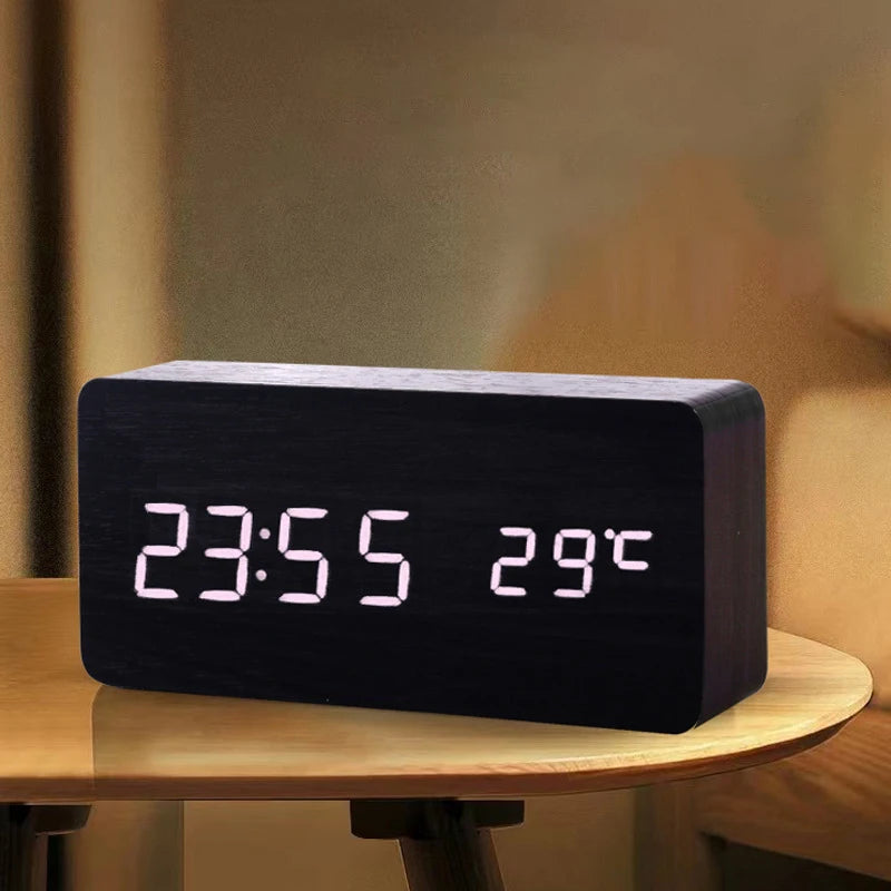 LED Student Alarm Clock Simple Wooden Temperature Display Sound