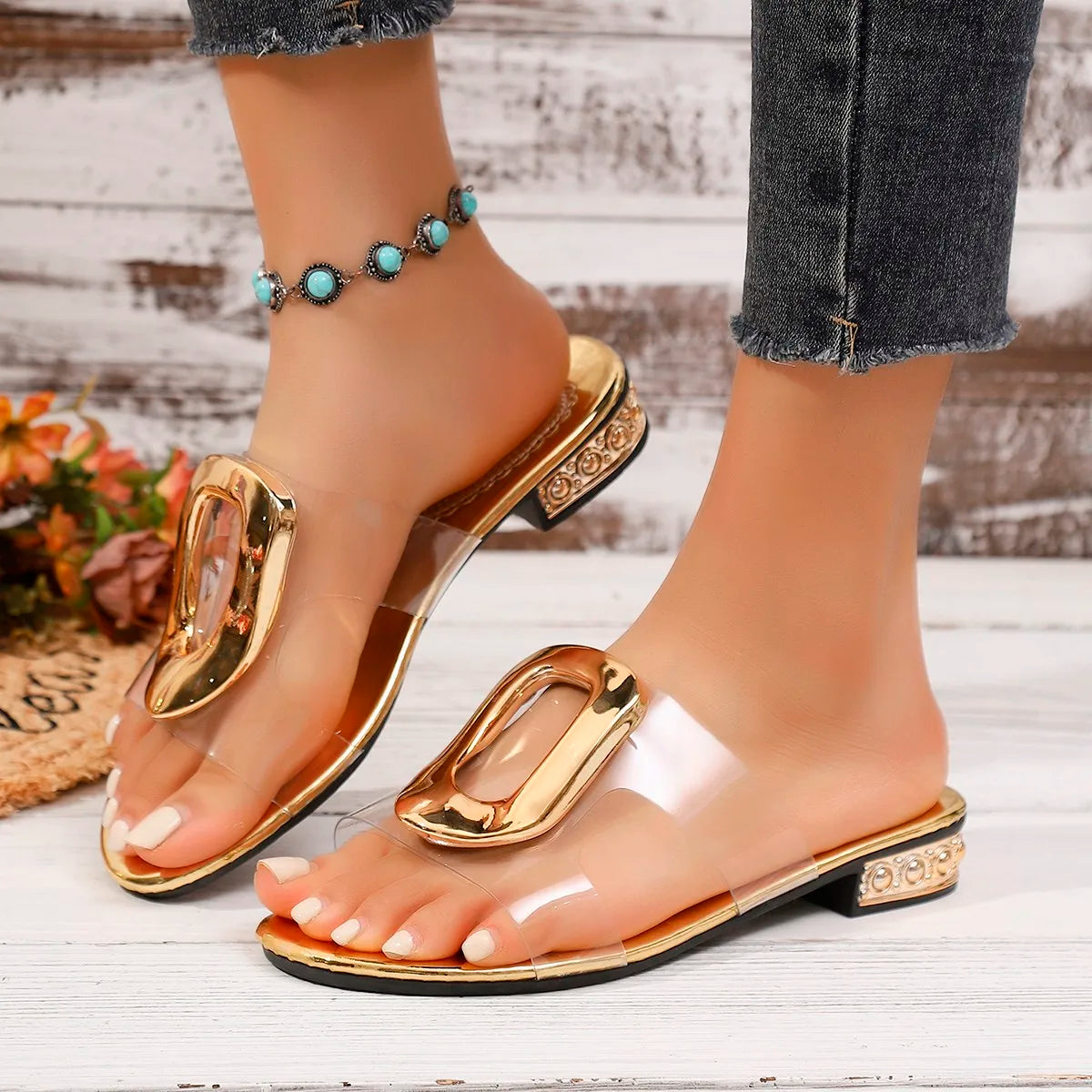 Women Slippers Casual Outdoor Thick Heel Metal Buckle Sandals Zpaxo Gold 36