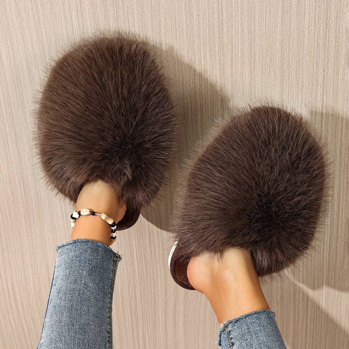 Women Indoor Slippers Autumn Winter Faux Fur Home Shoes Women Soft Sole Fashion Warm Fluffy Slippers Solid Baotou Slides Women Zpaxo Coffee color 38-39