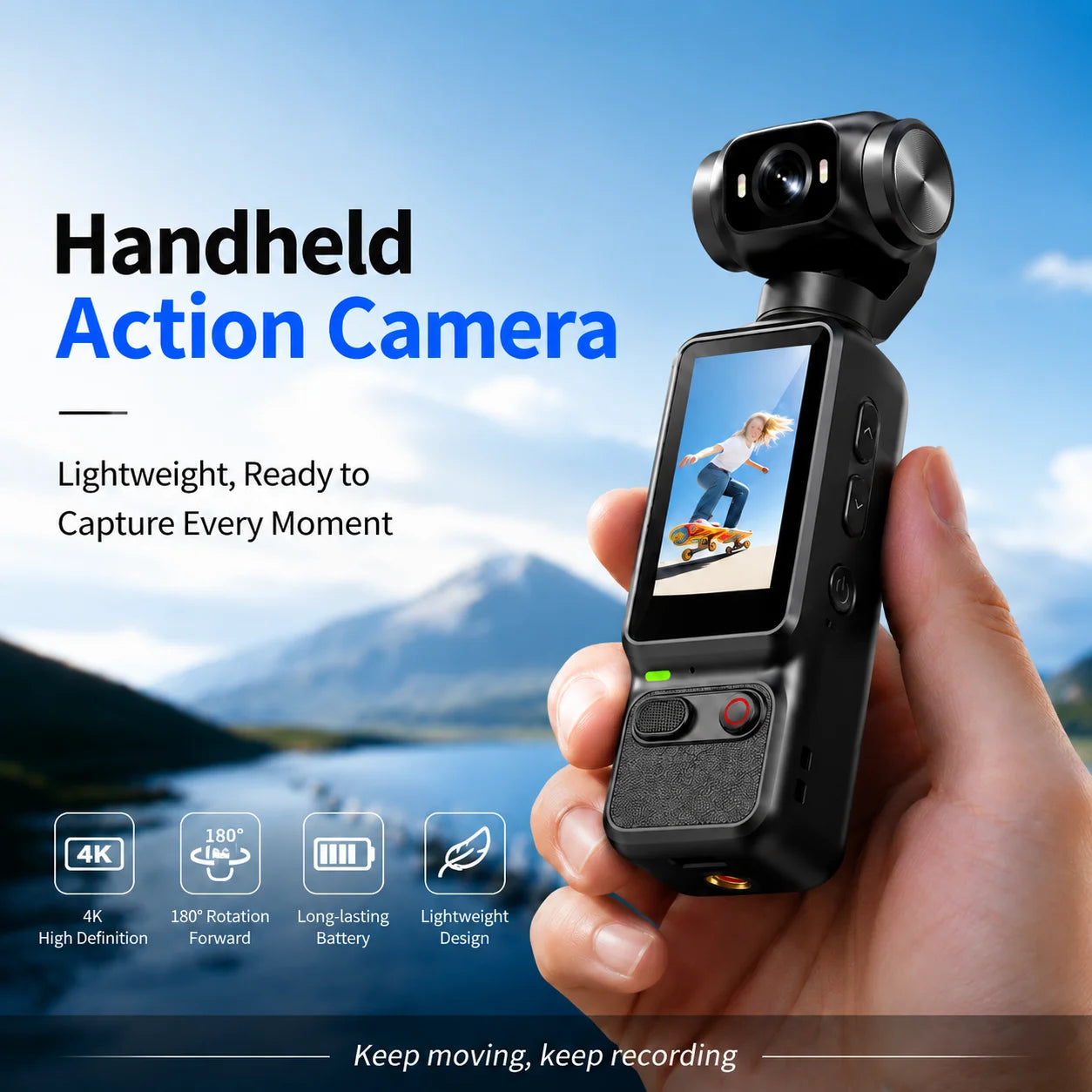 Handheld Action Camera 4K Pocket Vlogging 180 Rotating Screen Zpaxo