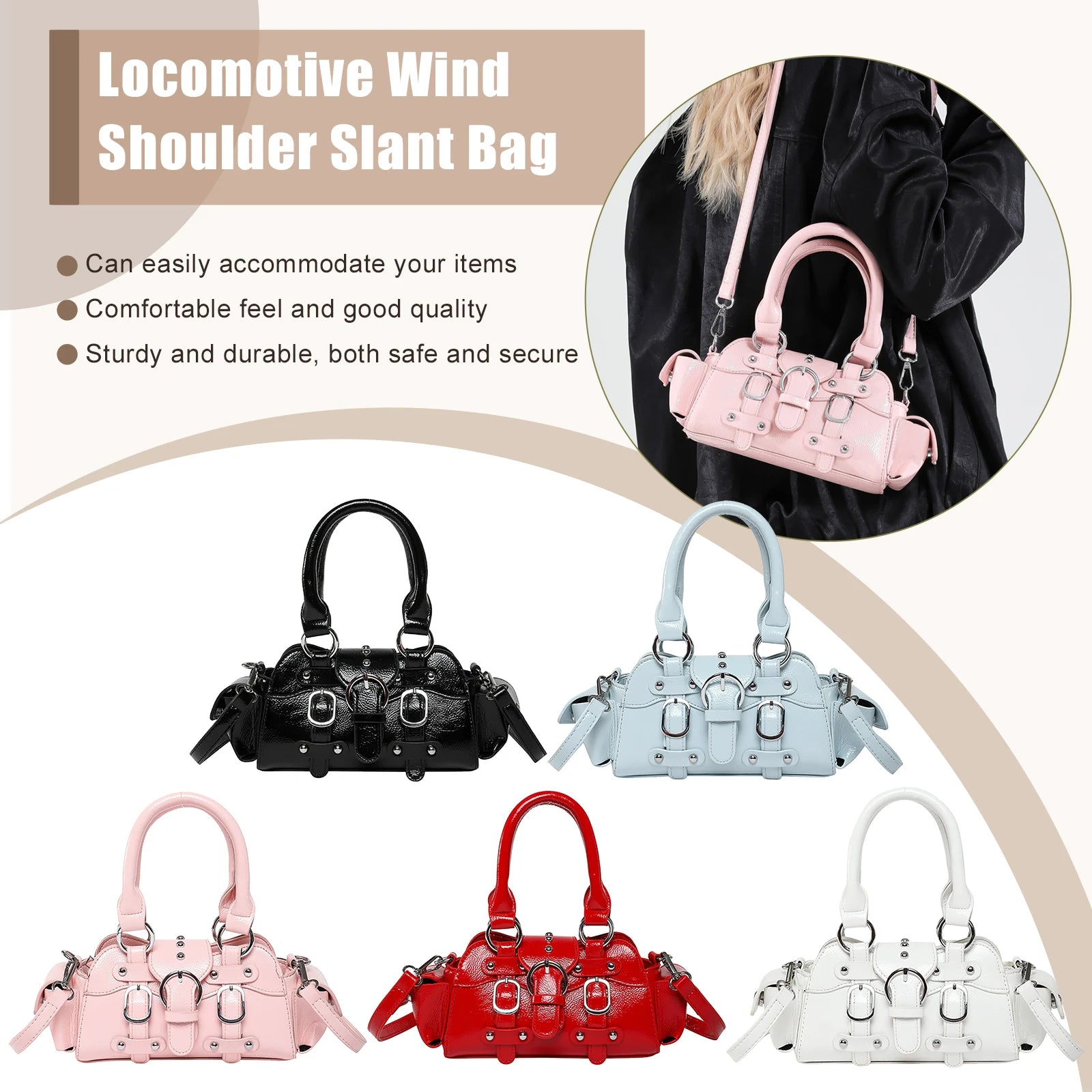 Women Girls PU Leather Solid Shoulder Bag Zipper Studded Handbag