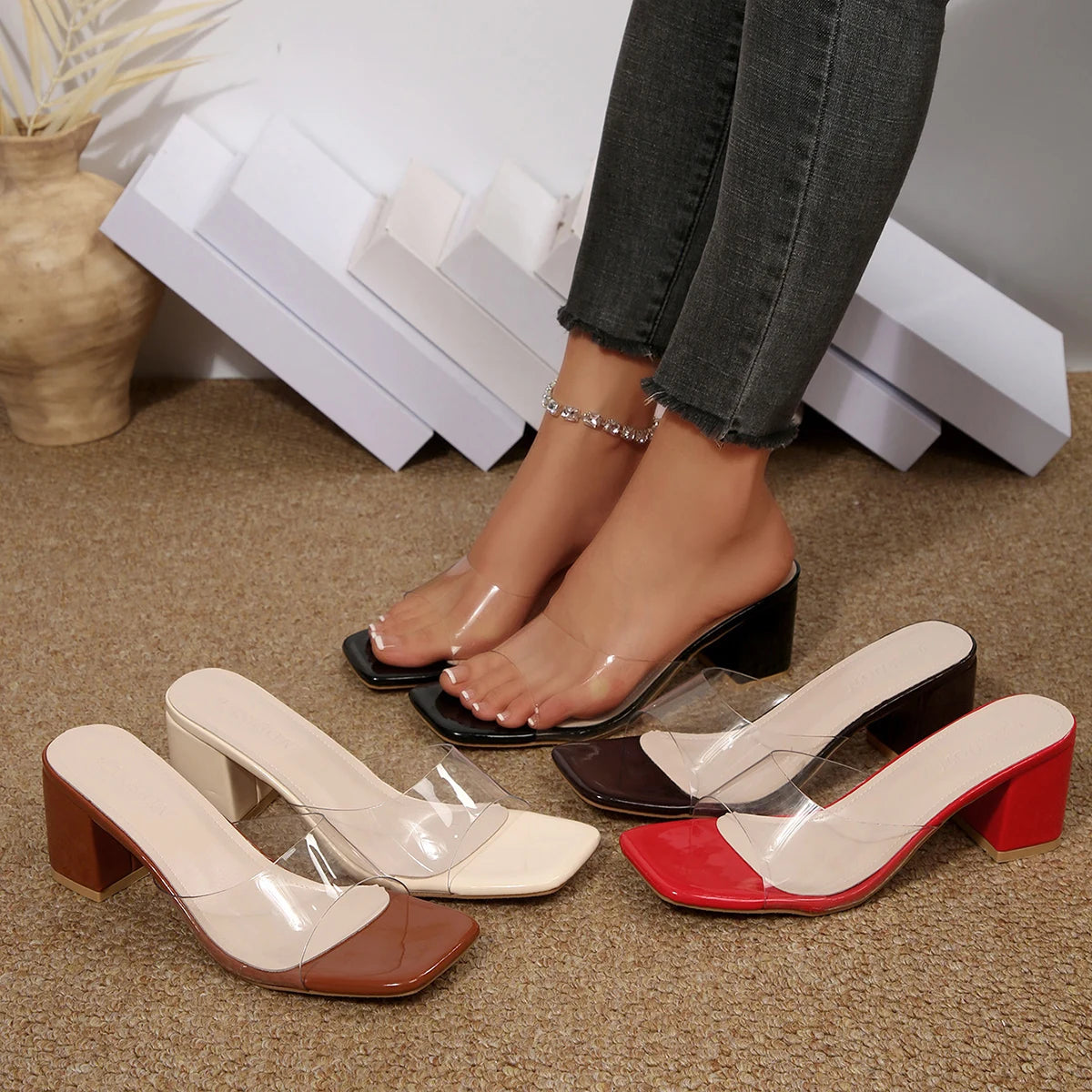 Women Sandals 2025 New Mid-heel Sandals Summer Square Head Open Toe Shoes Women Transparent Strap Comfortable Women Slippers Zpaxo