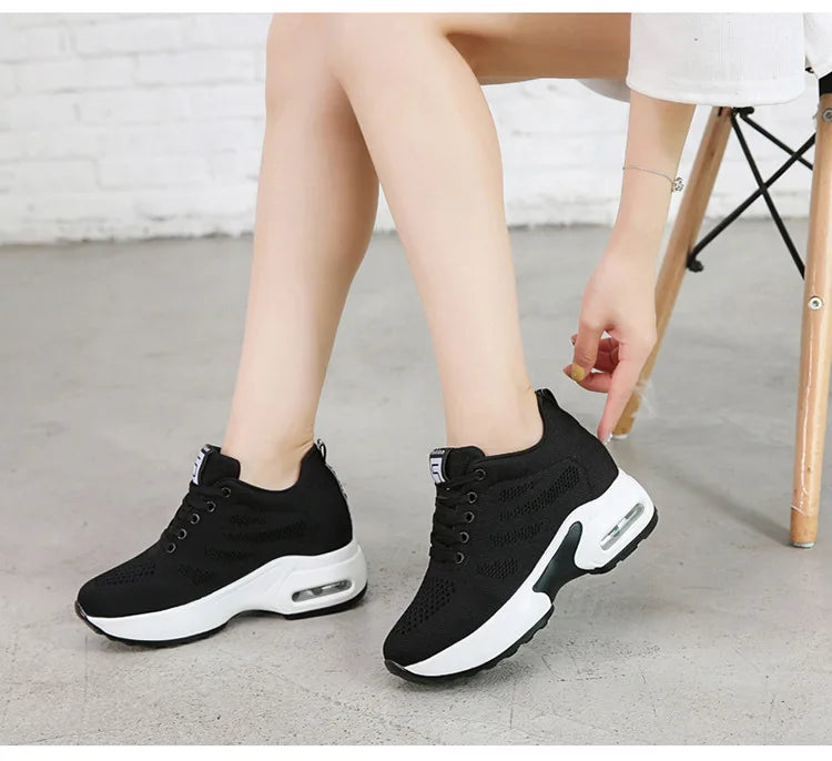 Women's Platform Mesh Breathable Sneakers Womens Spring Casual Wedge Zpaxo Hollow out black 35(Foot 22.5cm)