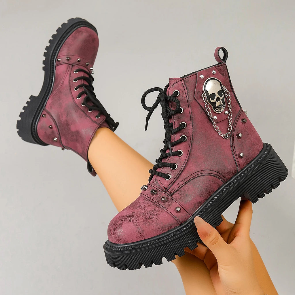 Women Punk Ankle Boots 2025 Metal Decoration Shoes Platform Casual Outdoor Shoes Women Buckle Designer Motorcycle Boots Women Zpaxo