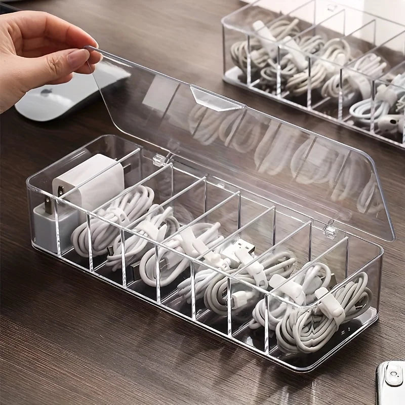 Clear Cable Storage Box – 8 Compartments & 10 Cable Ties Cable Organizer Box Zpaxo Transparent