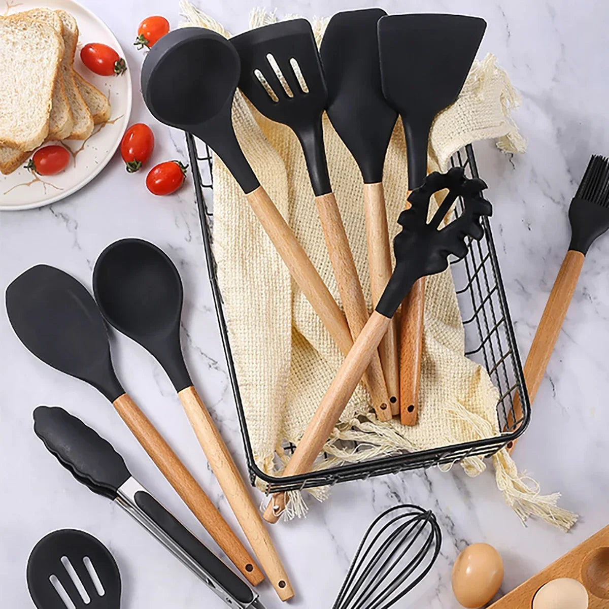 12Pcs/5pcs Silicone Kitchenware Non-Stick Cookware Kitchen Utensils Set Spatula Shovel Egg Beater Wooden Handle Cooking Tool Set Zpaxo