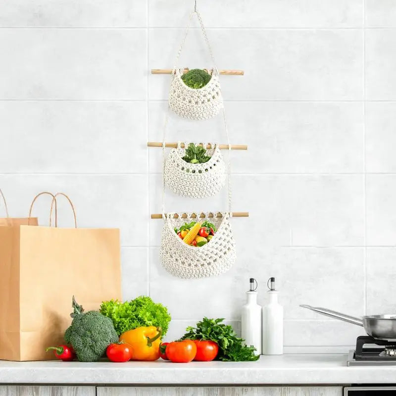3 Tier Fruit Hanging Basket Bohemian Decor For Home Kitchen Woven Vegetable and Fruit Net Bag Multi-functional Storage Net Bag Zpaxo