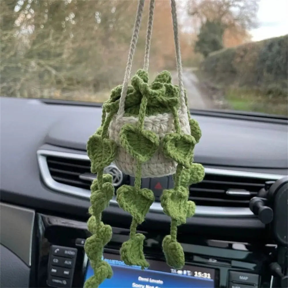 Mirror Hanging Car Ornament Plant Crochet Pendant Potted Plants Basket Zpaxo