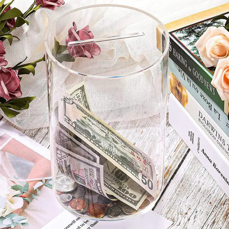 Large Clear Acrylic Piggy Bank – Coin & Bill Money Saving Jar