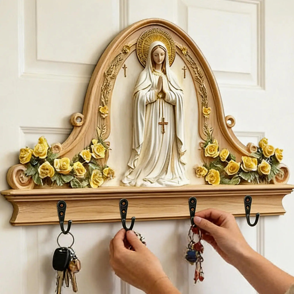 Key Holder Wall Mount Wood Religious Space Saving Hanger 4 Hooks