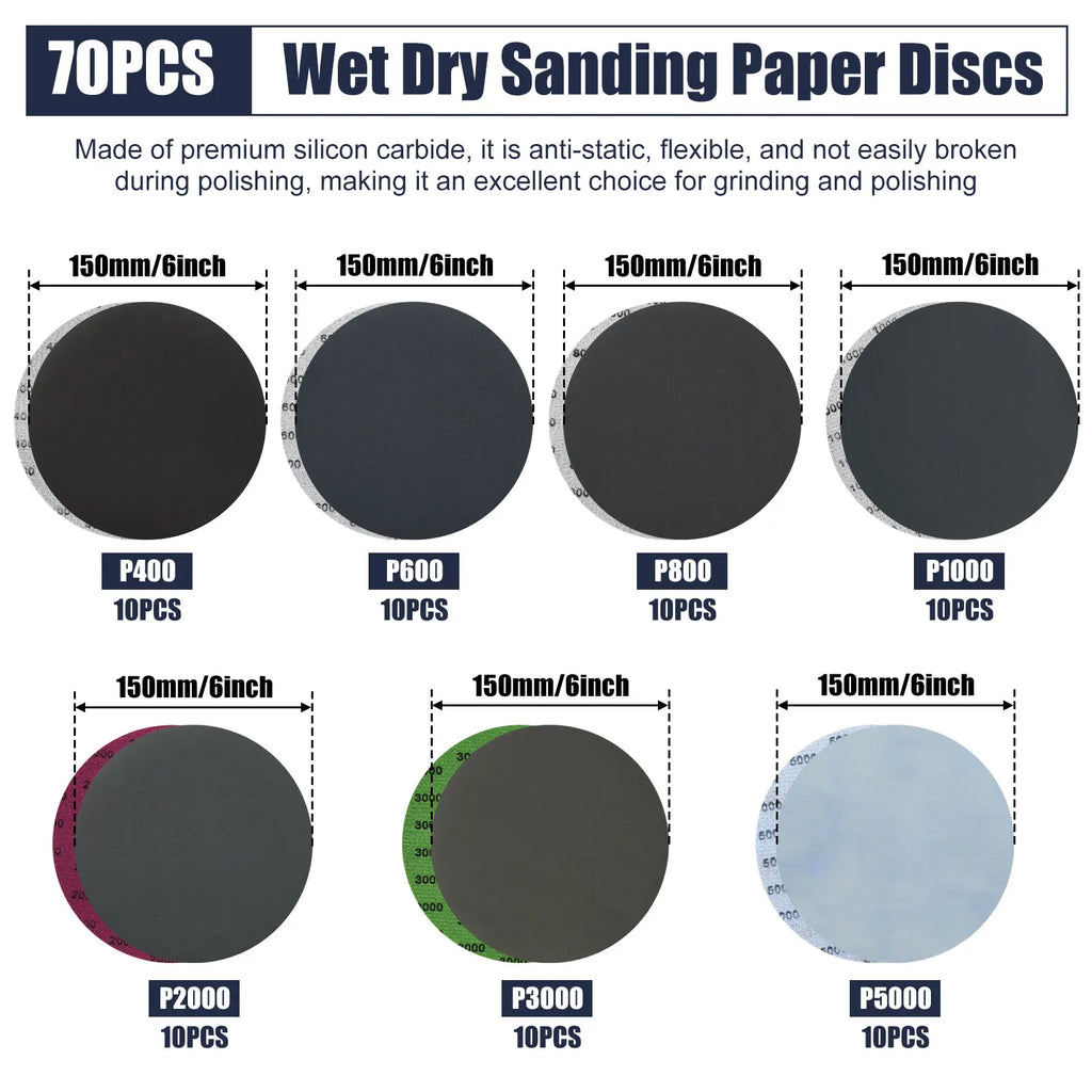 70/50pcs 6 Inch Wet Dry Sanding Paper Discs Hook and Loop400-5000 Grit Sandpaper for Automotive Wood Metal Glass Polishing Zpaxo