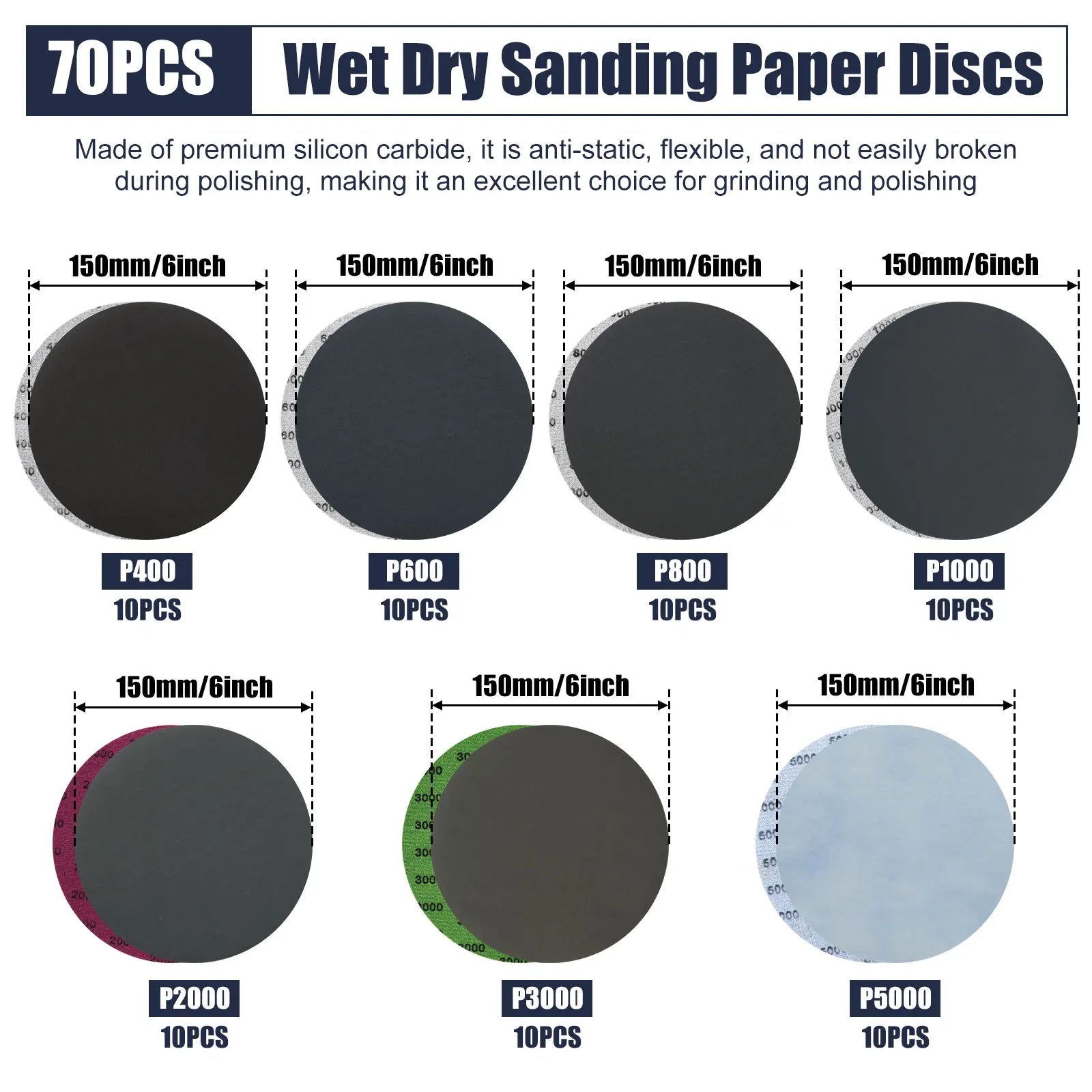 70/50pcs 6 Inch Wet Dry Sanding Paper Discs Hook and Loop400-5000 Grit Sandpaper for Automotive Wood Metal Glass Polishing Zpaxo