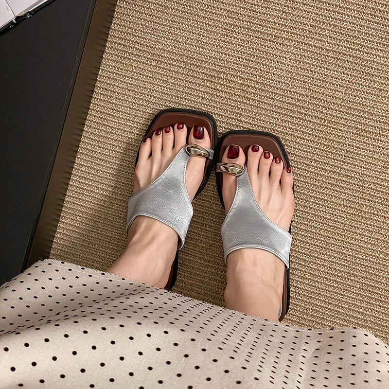 Summer Women's Metal Buckle Embellishment Toe Loop Comfortable Zpaxo