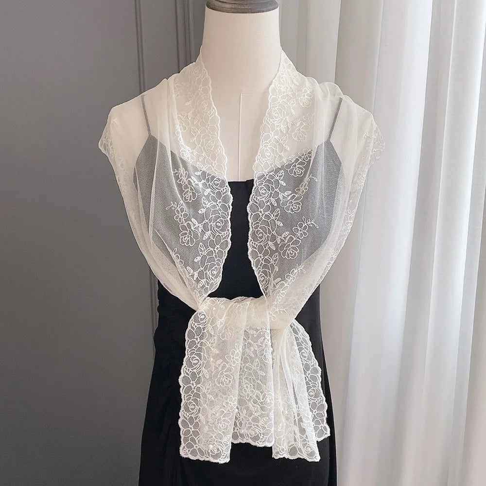Spring Summer Thin Silk Scarf 153x30cm Soft Small Long Scarf Pearl Decorative Embroidered Flower Women Lace Shawl Zpaxo