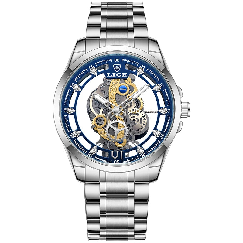 2025 LIGE Men Watch Skeleton Automatic Quartz Watch Gold Skeleton Vintage Man Watch Mens Watches Top Brand Luxury часы мужские Zpaxo Silver blue steel