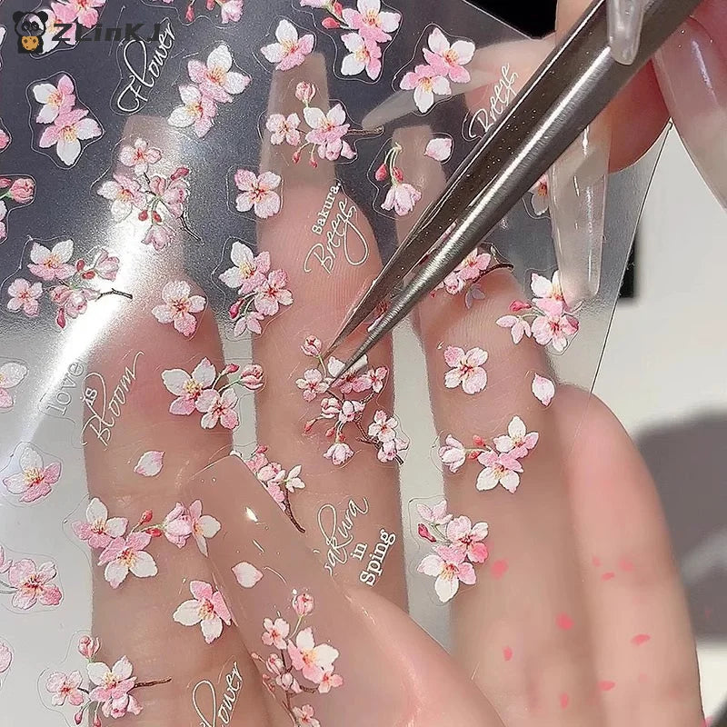 ▶1Sheet 5D Soft Relief Sakura Nail Stickers Nail Art Decoration Nail Decals Self-adhesive Flowers Sticker Press On Nails Sticker Zpaxo