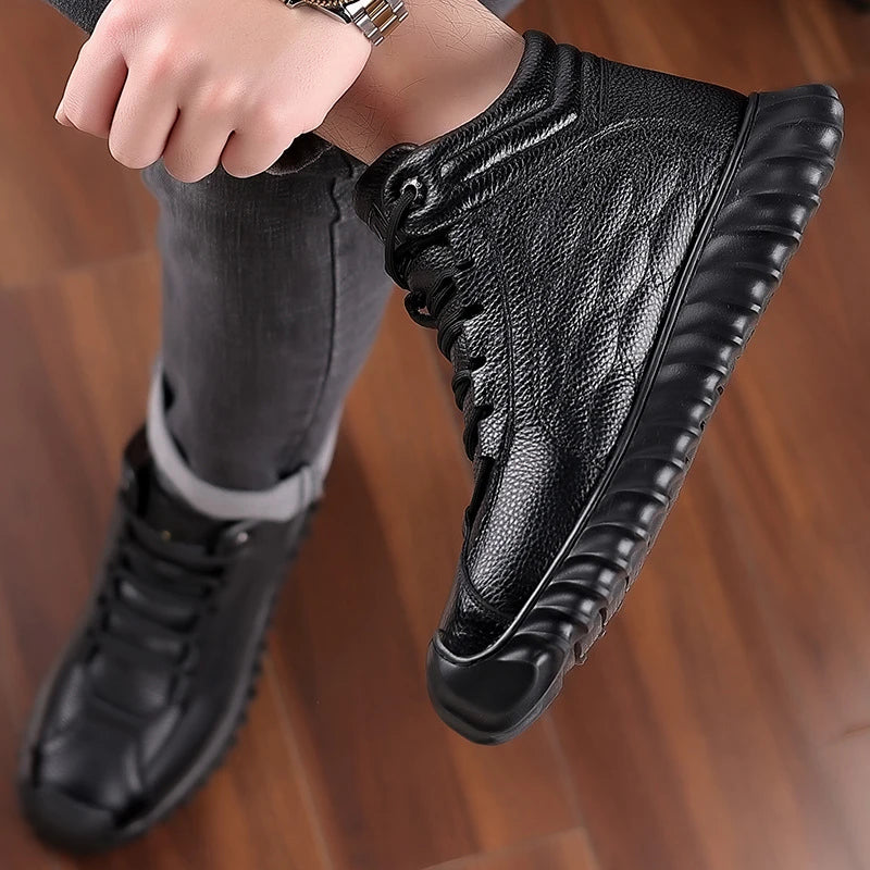 Mens Black Leather Fur Lined Sneakers Elastic Lace Warm Winter Shoes Zpaxo