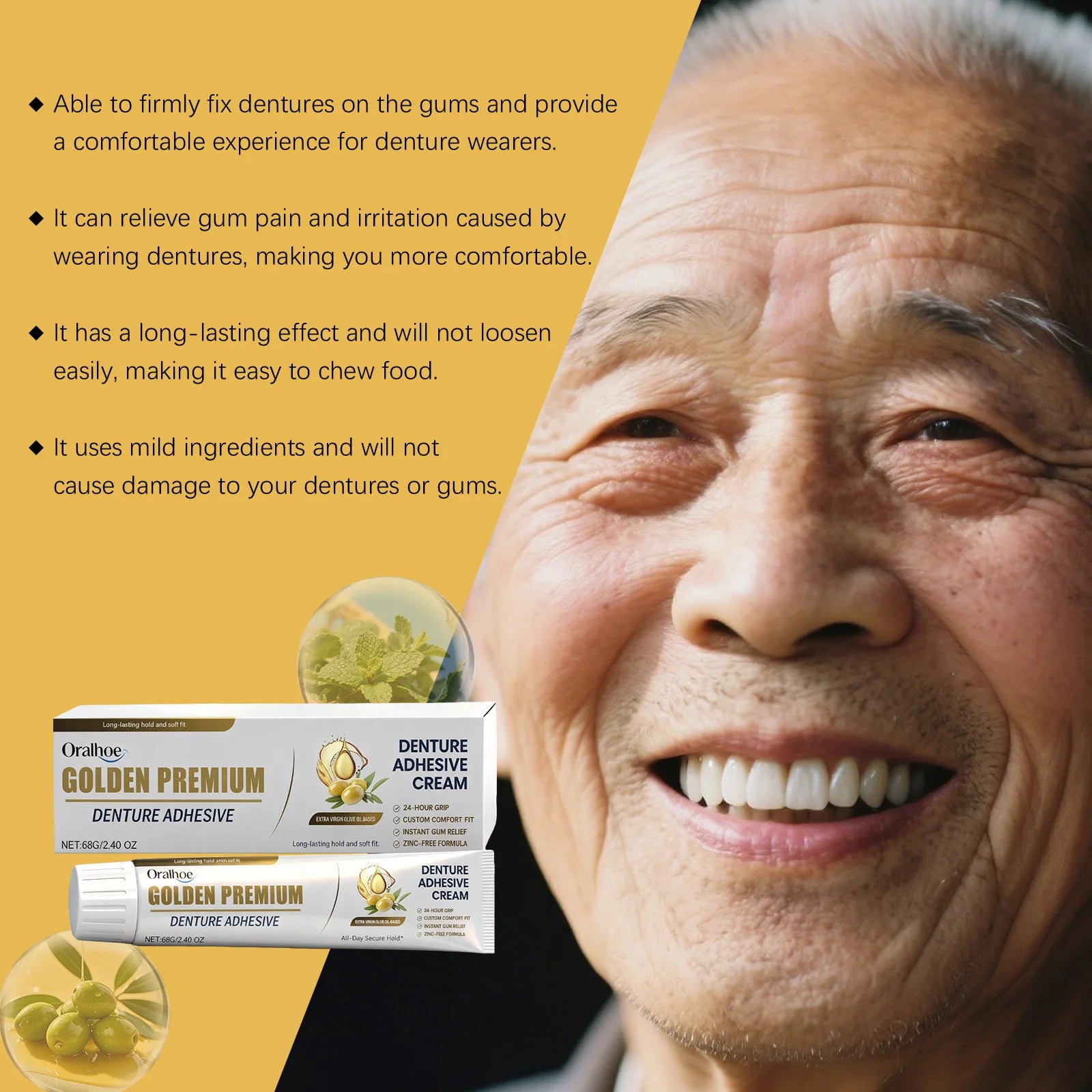 Denture Adhesive Cream • Strong Secure Hold • Natural All-Day Comfort • Beautiful Smile • Oral Care Enhancement Zpaxo