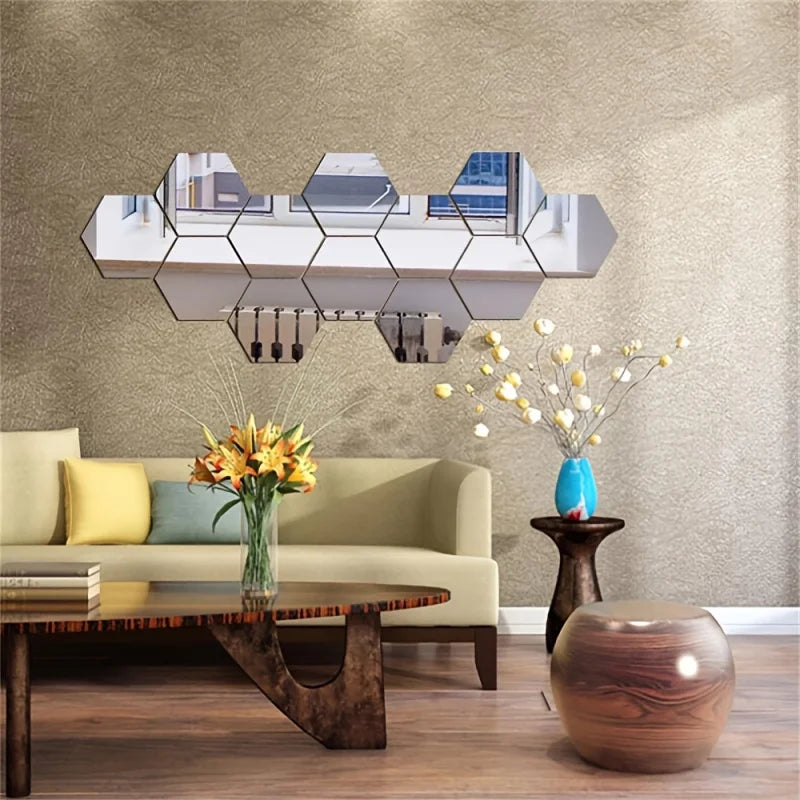 12 Hexagonal 3D Mirror Wall Stickers Self-adhesive DIY Decoration