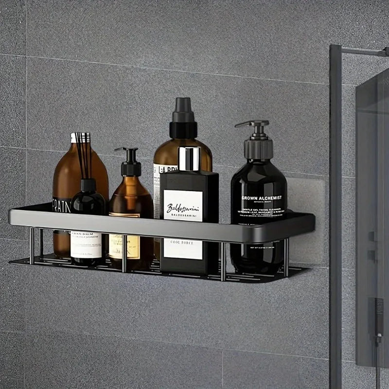 2pcs Black Wall Mounted Storage Shelf – Heavy Duty Plastic No Drill Organizer Rack with 2 Hooks, Corner Shelf for Bathroom Zpaxo