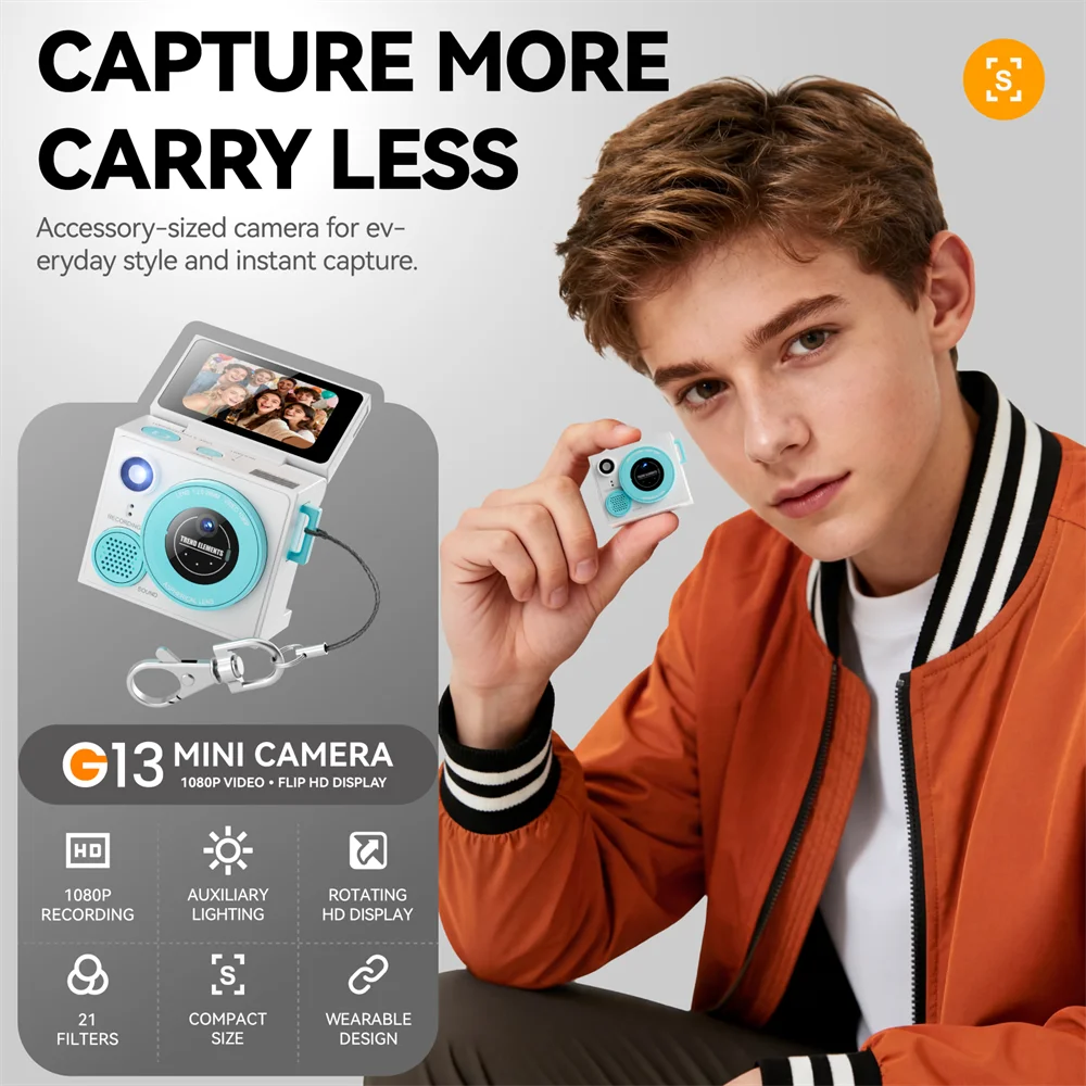 G13 Digital Camera 180° Flip Screen Selfile Keychain Camera Retro Support Memory Card HD Very Small Camcorder Video Recorder New Zpaxo G13 White No TF card