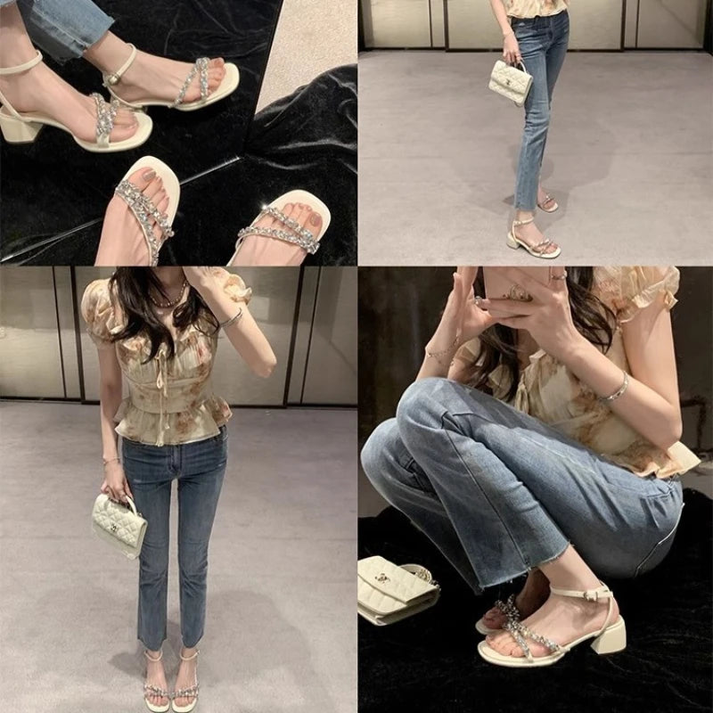 Summer French Rhinestone One Strap Sandals Open Toe Block Heels Zpaxo