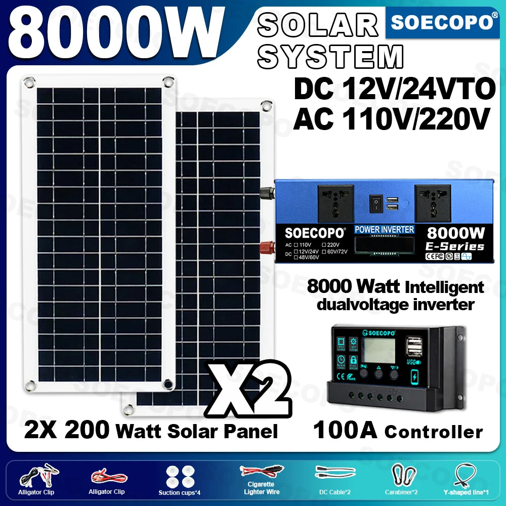 SOECOPO 8000W Solar Power Complete Kit 400W Solar Panels + 8000W DC12V - AC110V/220V Inverter +100A Controller Zpaxo