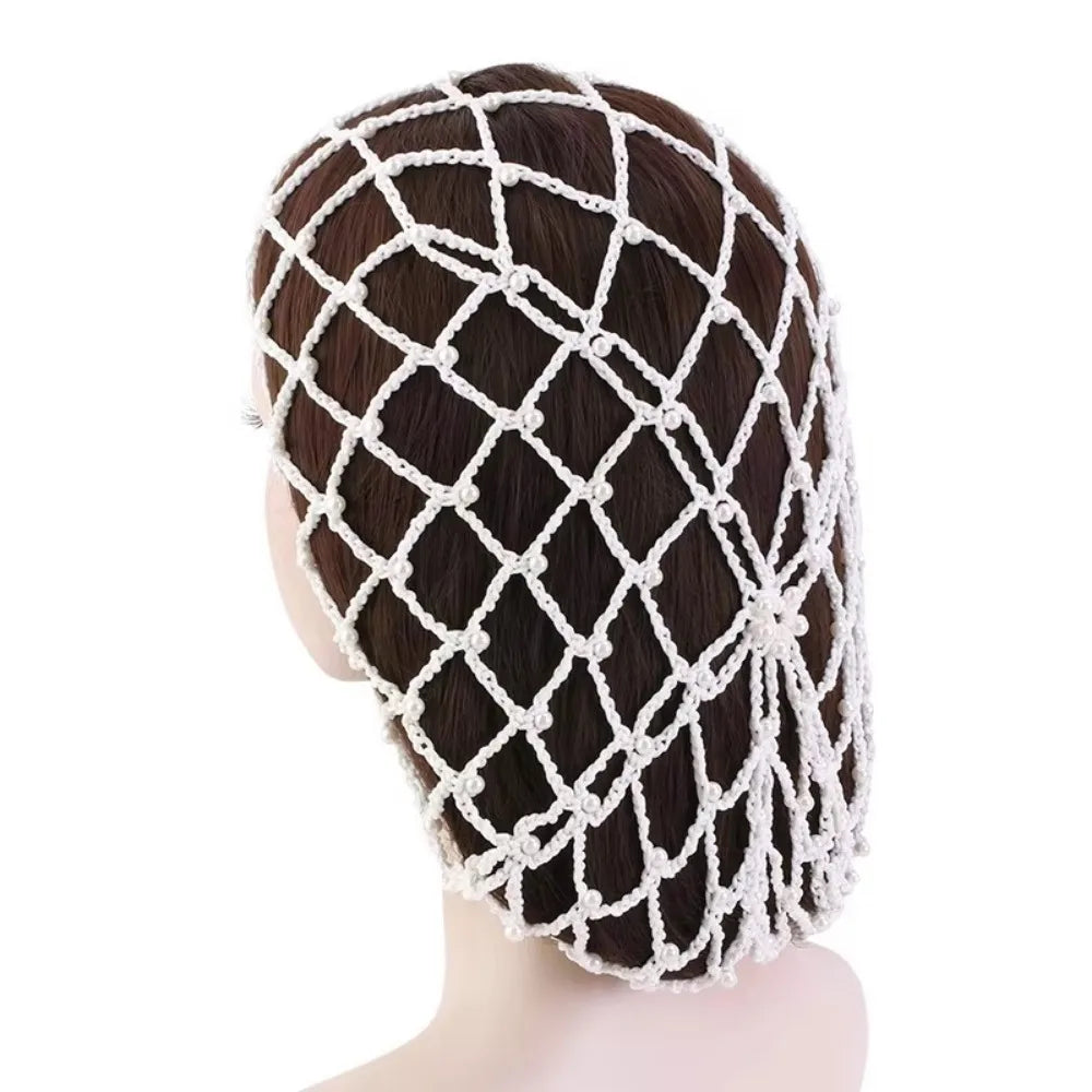 Pearls Beads Mesh Snood Hair Net Soft Solid Oversize Knit Hat Women Zpaxo White