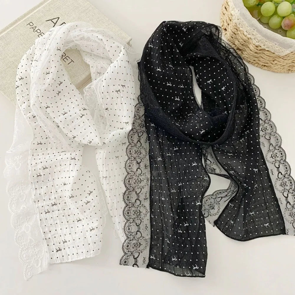 Elegant Butterfly Knot Silk Scarf Polka Dot Lightweight Drifting Belt Lace Edge Women Headscarf Zpaxo