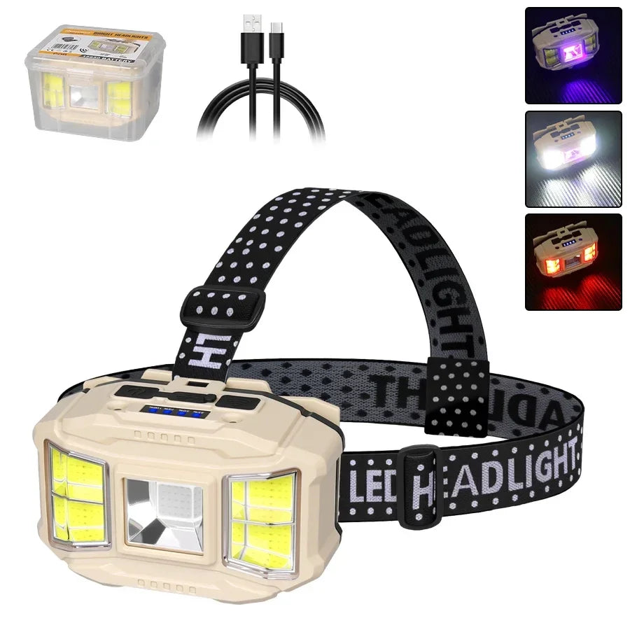 COB LED Rechargeable Headlamp – 5 Modes, Motion Sensor, USB-C