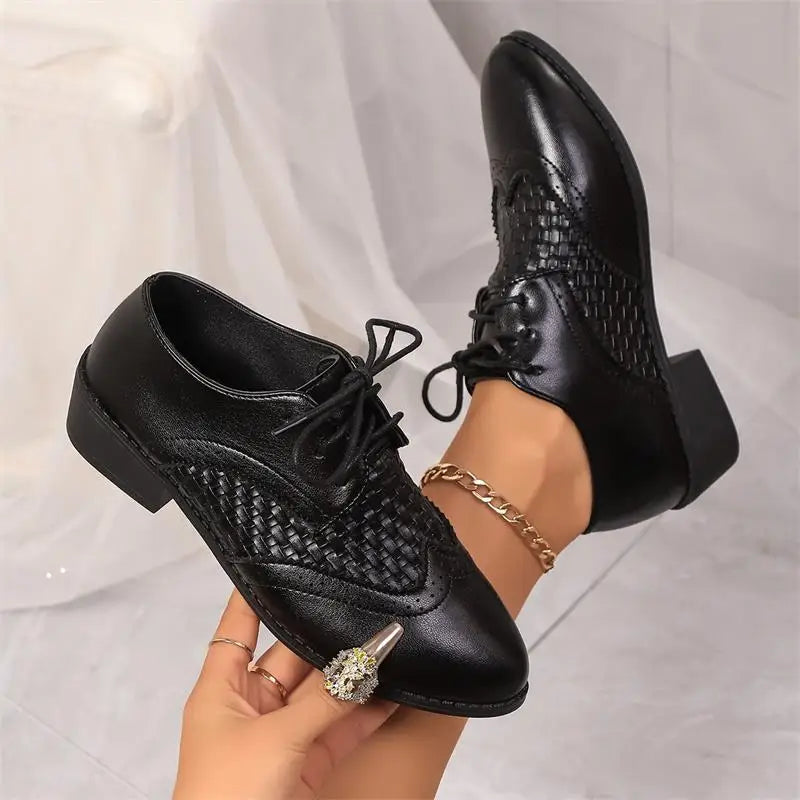 Fashion Pointed Toe Black Oxford Shoes Women 2025 Trend Pu Leather