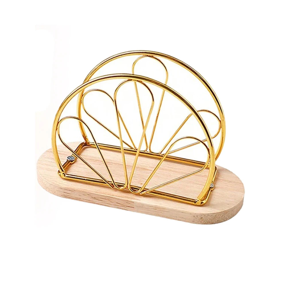 Napkin Holder with Wooden Base Metal Napkin Organizer Stand Tissue Dispenser Elegant Tabletop Decoration for Home Restaurant Zpaxo J2503011-D