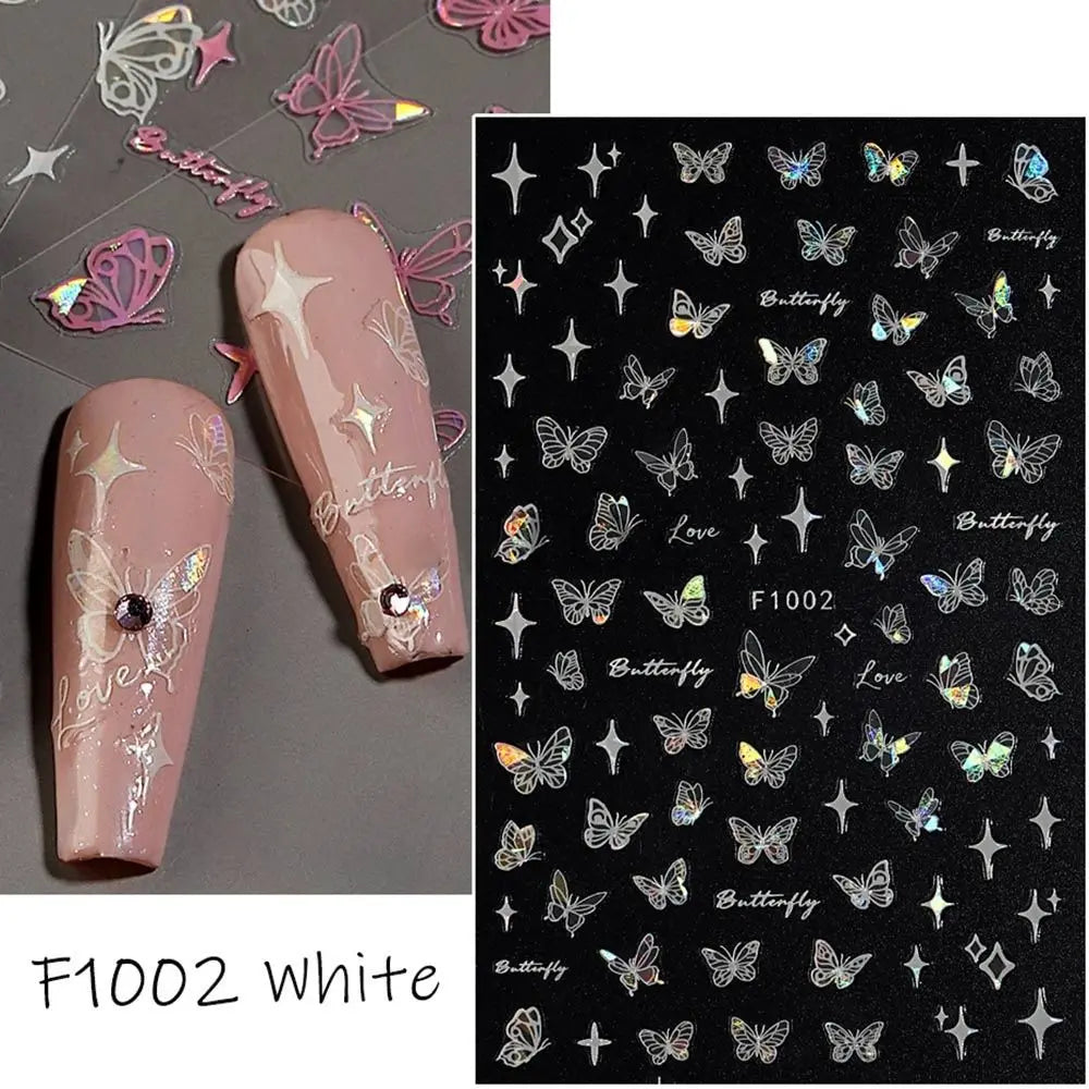 Butterfly Laser Nail Stickers Holographic Glitter Shining Adhesive Slider DIY 3D Nail Art Decal Decoration Zpaxo F1002-White