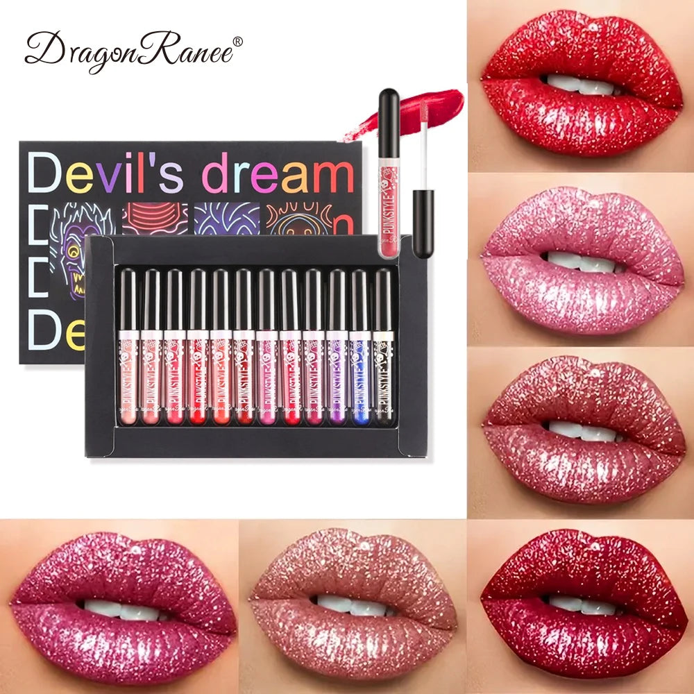 12 Lip Gloss Set Box for Halloween and Christmas Makeup with Pearlescent Shining, Waterproof, Durable, Natural Makeup, Shining, Zpaxo