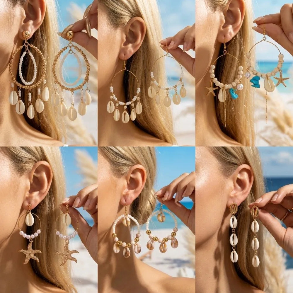 Summer Handmade Woven Hoop Earrings Boho Style Beaded Drop Earrings with Spotted Shell Beach Vacation Ear Pendant Women Jewelry Zpaxo