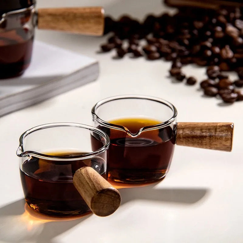 Glass Milk Pot Wooden Handle & Graduated Scale | Espresso Cup Glass Milk Pot Zpaxo