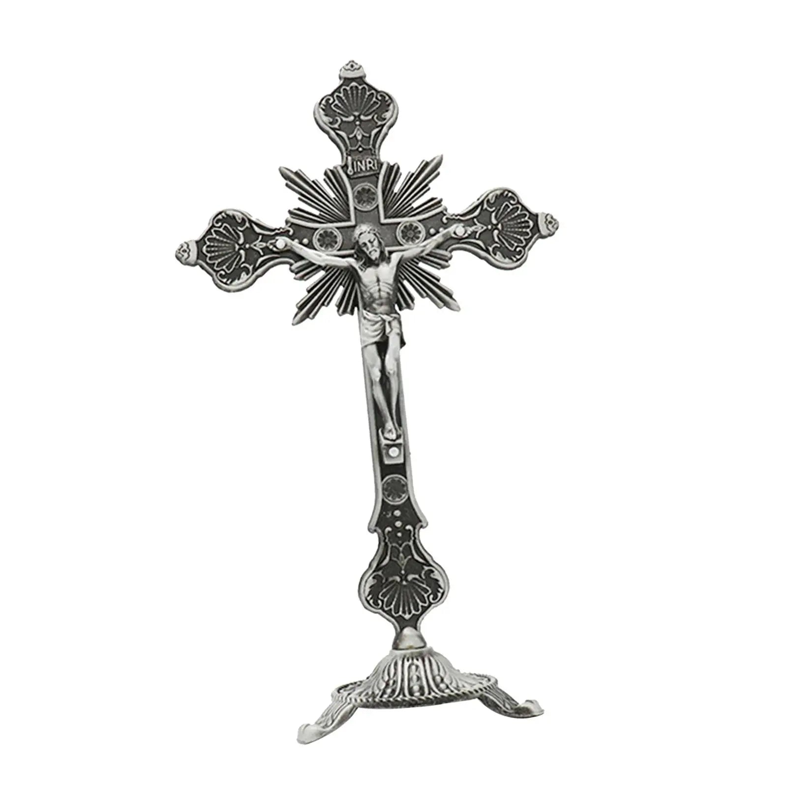 Standing Crucifix 10" Metal Jesus Cross with Tabletop Stand Religious Crucifix Decor Zpaxo Antique Pewter