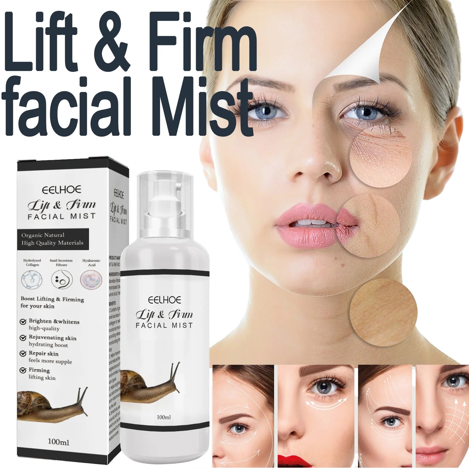 EELHOE Lift & Firm Facial Mist Helps Brighten And Even Out Skin Snail Secretion Filtrate Restore Moisturize The Skin 100ml Zpaxo