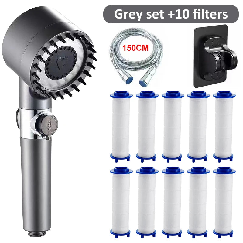 Pressure Massage Showerhead 4 Modes Rainfall Shower Head One-key Stop Zpaxo Grey Set 10 Filter