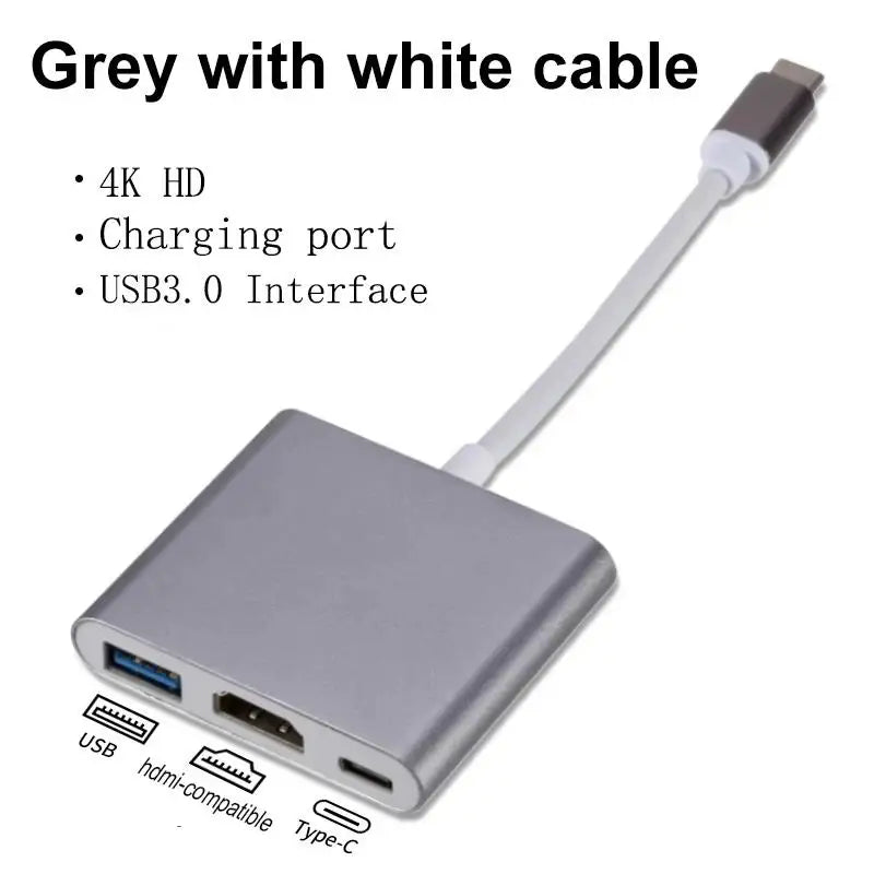 3 In 1 USB-C Usb Hub Male To Female HDMI-compatible 4K Usb 3.1 Type-C To Usb 3.0 Charging Adapter For Macbook Laptops Converter Zpaxo Grey-White