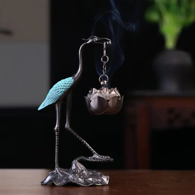 Crane Lotus Incense Burner Chinese Zen-style Reverse-flow Holder
