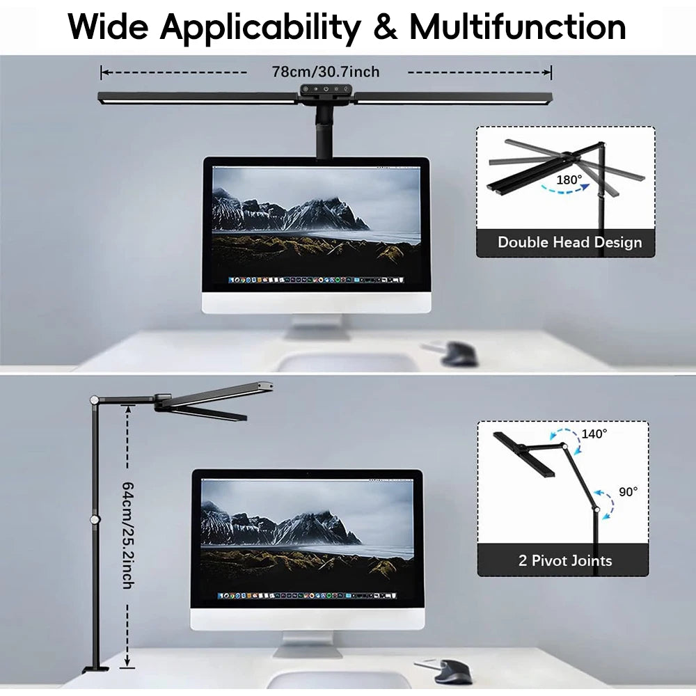 Home LED Eye-Care Reading Desk Lamp with Memory Timer Function 3200K-6500K Stepless Dimming 1800LM 2-Head PC Monitor Table Light Zpaxo