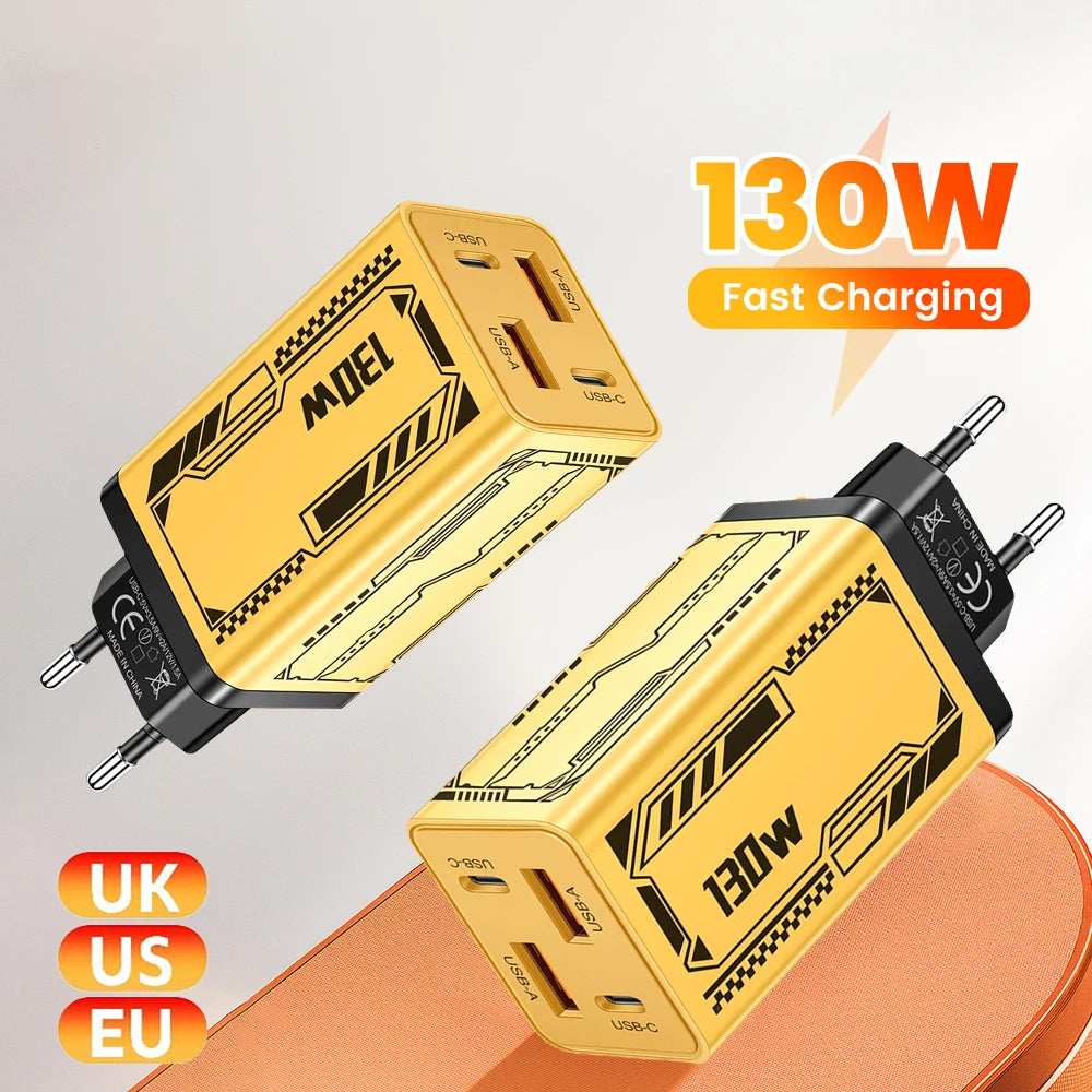 130W 4 Ports 2USB+2PD Gan Charger Quick Charge EU US UK USB-C QC 3 0