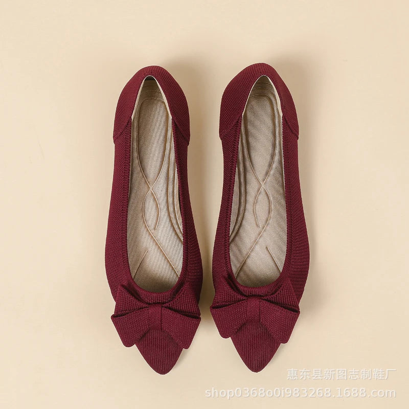 Pointed Toe Knit Princess Shoes Shallow Mouth Bowknot Casual Flats Zpaxo